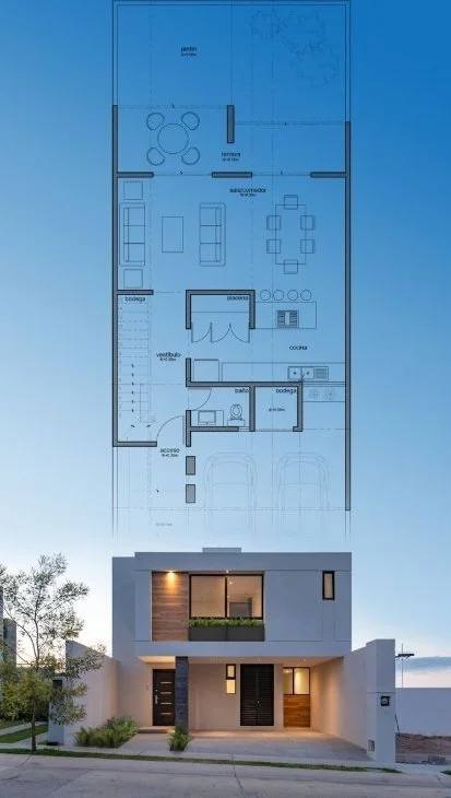 Illustrasjon av moderne bolig og plantegning